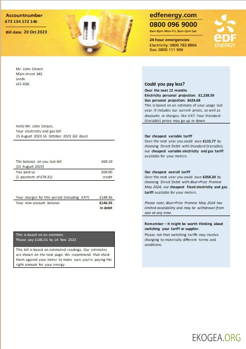 United Kingdom EDF Energy electricity and gas utility bill Word and PDF formats